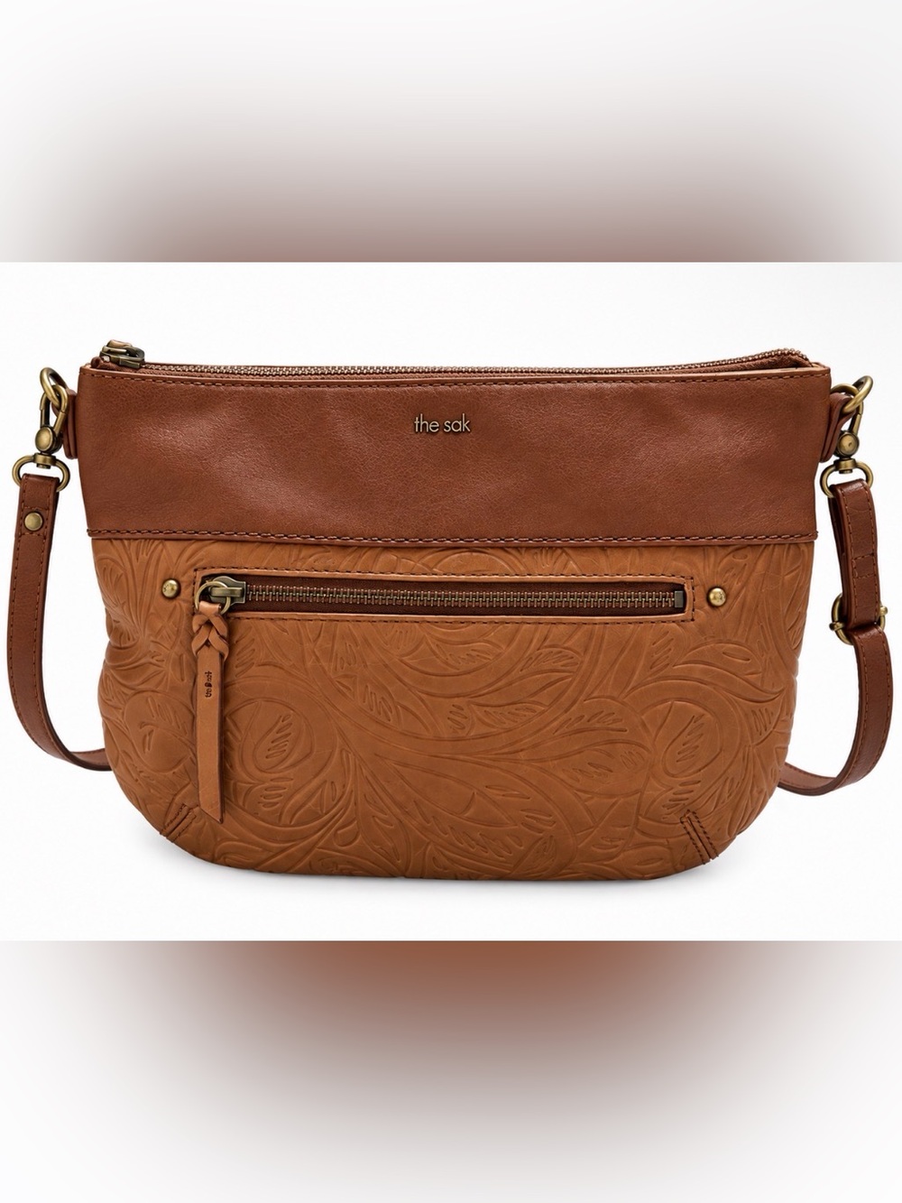 The Sak Oleta Leather Crossbody Bag Brown Tobacco Floral Embossed